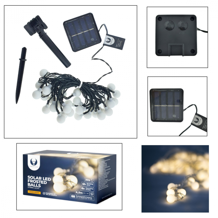 Ghirlanda luminoasa solara cu 30 de becuri LED, Forever Light 94580, 6.5m lungime, panou solar, acumulator, lumina calda, alb mat [2]