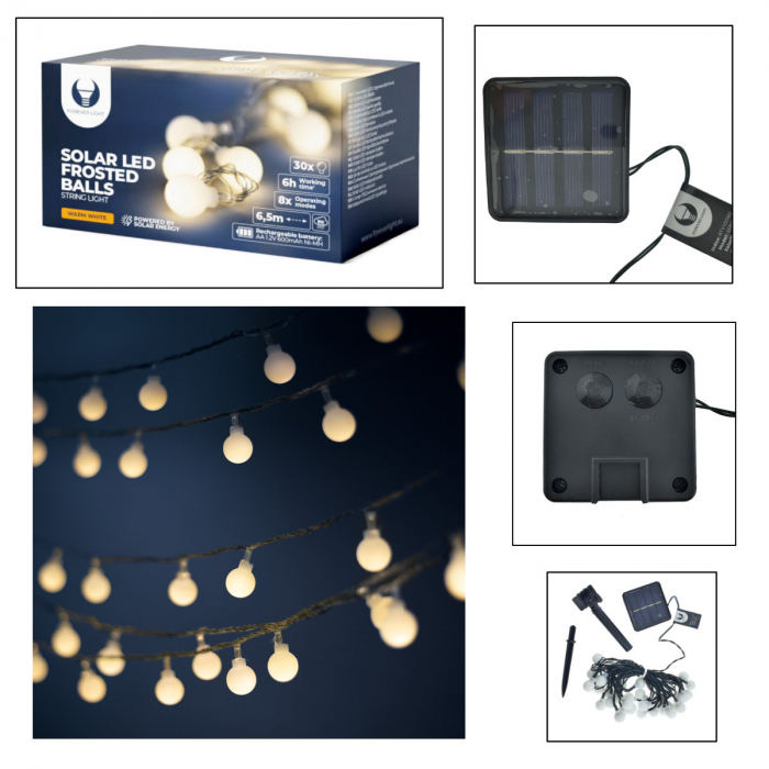 Ghirlanda luminoasa solara cu 30 de becuri LED, Forever Light 94580, 6.5m lungime, panou solar, acumulator, lumina calda, alb mat [3]