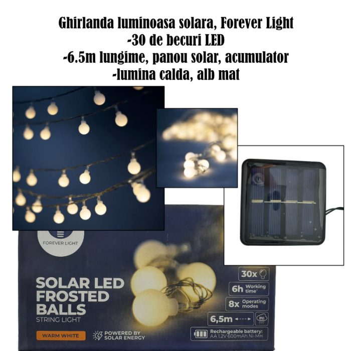 Ghirlanda luminoasa solara cu 30 de becuri LED, Forever Light 94580, 6.5m lungime, panou solar, acumulator, lumina calda, alb mat [6]