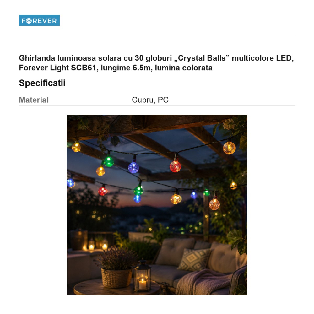 Ghirlanda luminoasa solara cu 30 globuri „Crystal Balls” multicolore LED, Forever Light SCB61, lungime 6.5m, lumina colorata [3]