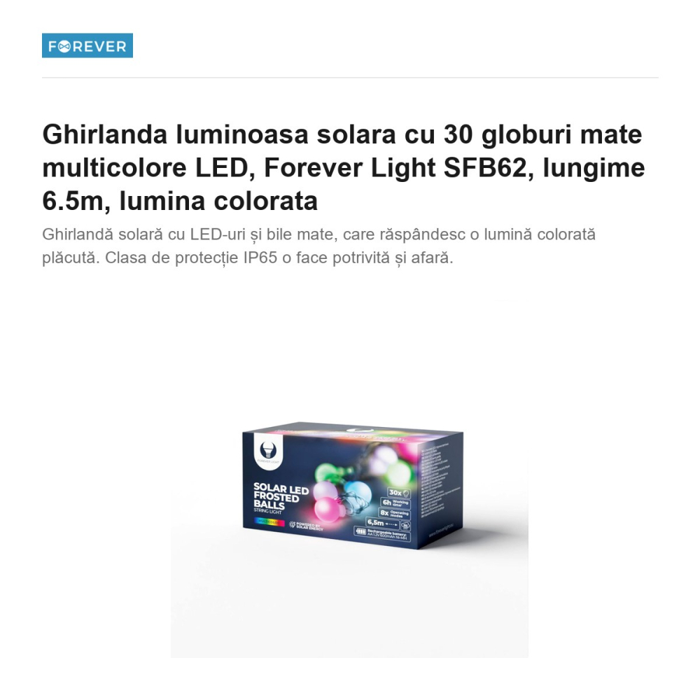 Ghirlanda luminoasa solara cu 30 globuri mate multicolore LED, Forever Light SFB62, lungime 6.5m, lumina colorata [2]