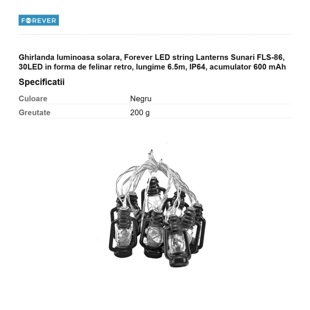 Ghirlanda luminoasa solara, Forever LED string Lanterns Sunari FLS-86, 30LED in forma de felinar retro, lungime 6.5m, IP64, acumulator 600 mAh [3]