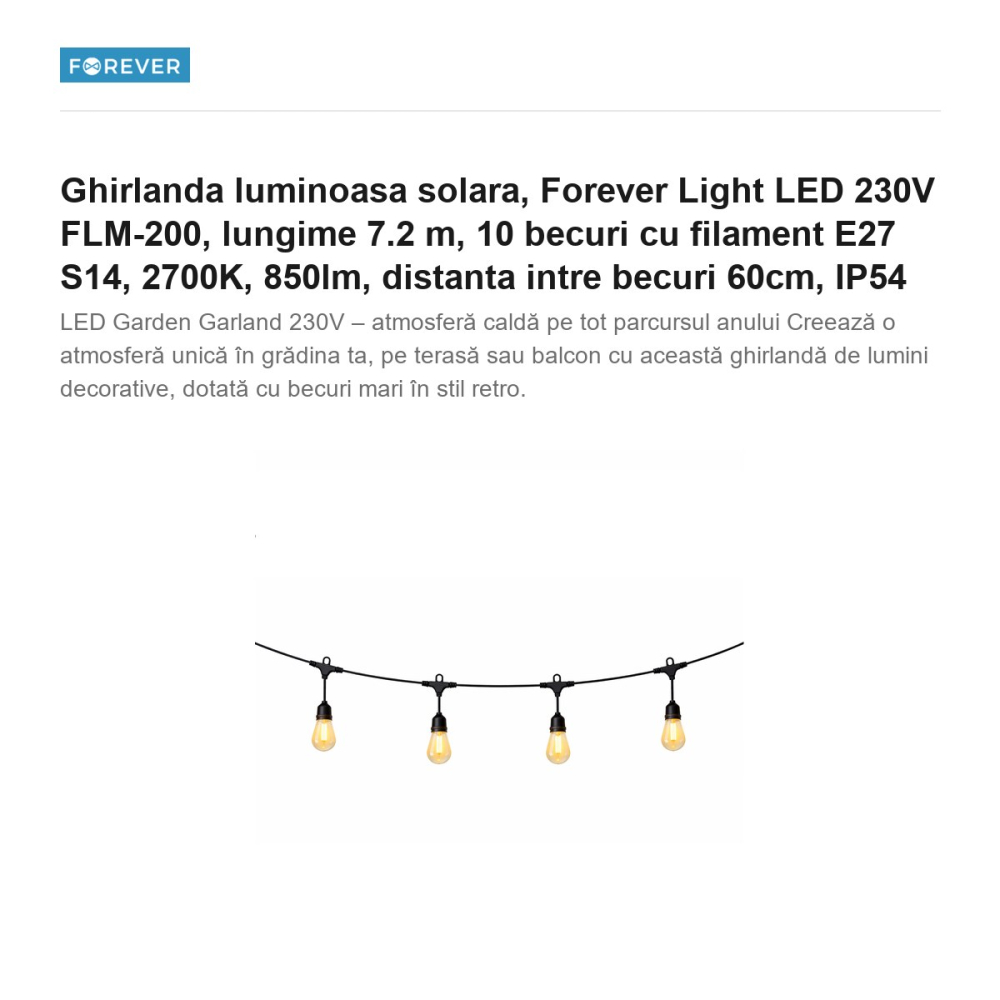 Ghirlanda luminoasa solara, Forever Light LED 230V FLM-200, lungime 7.2 m, 10 becuri cu filament E27 S14, 2700K, 850lm, distanta intre becuri 60cm, IP54 [2]