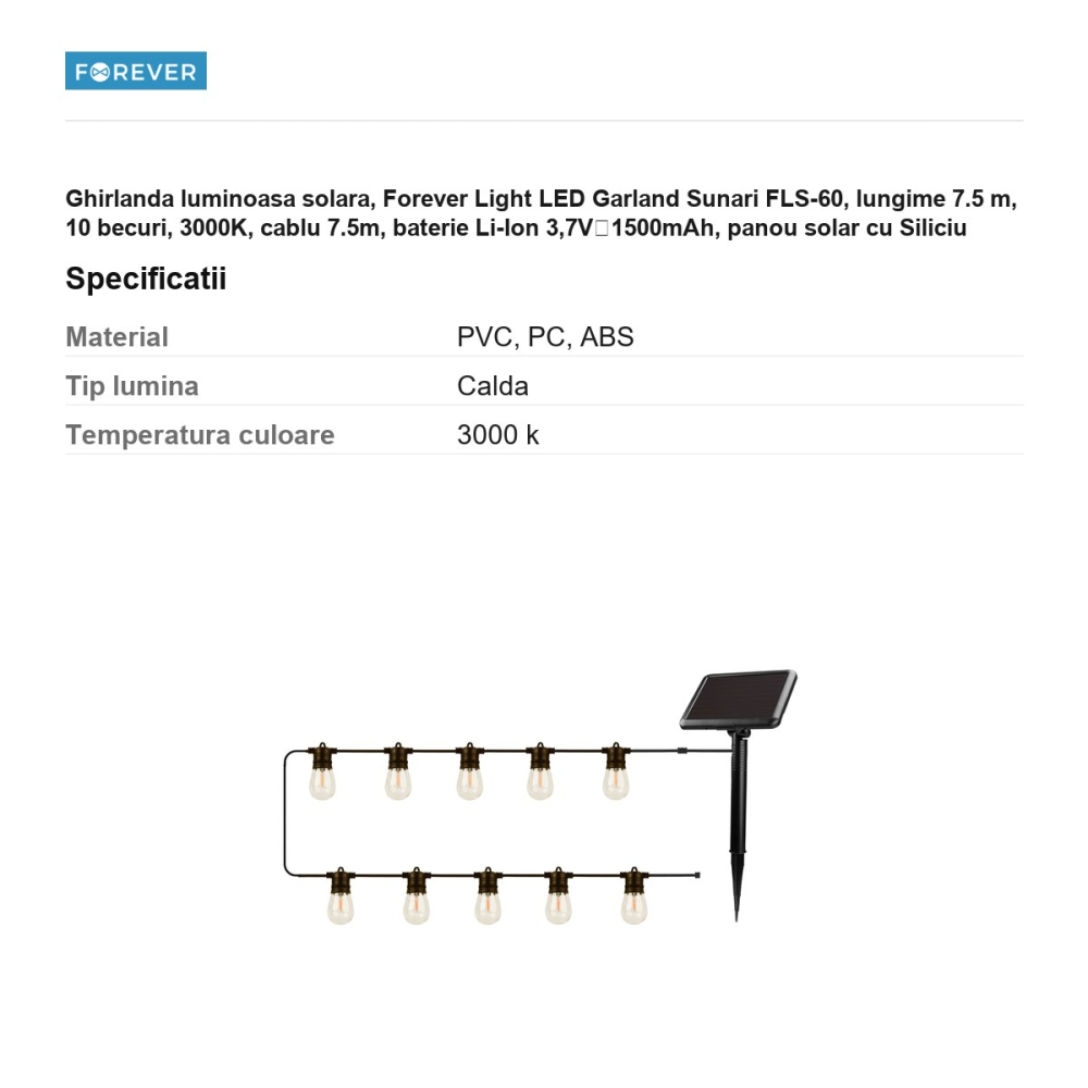 Ghirlanda luminoasa solara, Forever Light LED Garland Sunari FLS-60, lungime 7.5 m, 10 becuri, 3000K, cablu 7.5m, baterie Li-Ion 3,7V⎓1500mAh, panou solar cu Siliciu amorf acoperit cu sticla, distanta [3]