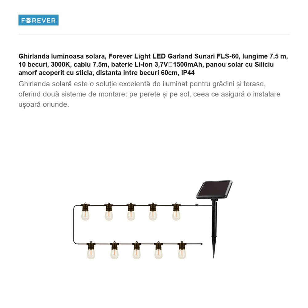 Ghirlanda luminoasa solara, Forever Light LED Garland Sunari FLS-60, lungime 7.5 m, 10 becuri, 3000K, cablu 7.5m, baterie Li-Ion 3,7V⎓1500mAh, panou solar cu Siliciu amorf acoperit cu sticla, distanta [2]