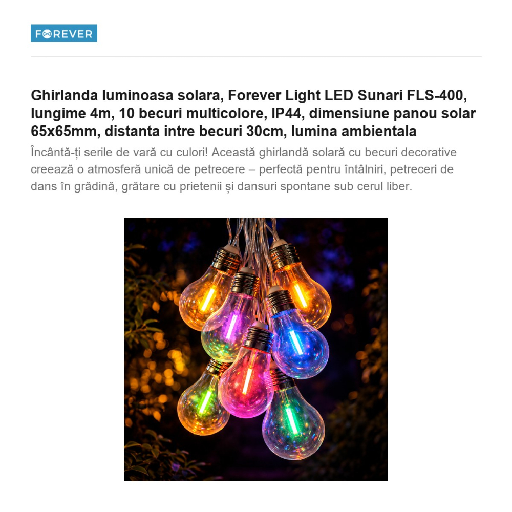 Ghirlanda luminoasa solara, Forever Light LED Sunari FLS-400, lungime 4m, 10 becuri multicolore, IP44, dimensiune panou solar 65x65mm, distanta intre becuri 30cm, lumina ambientala [2]