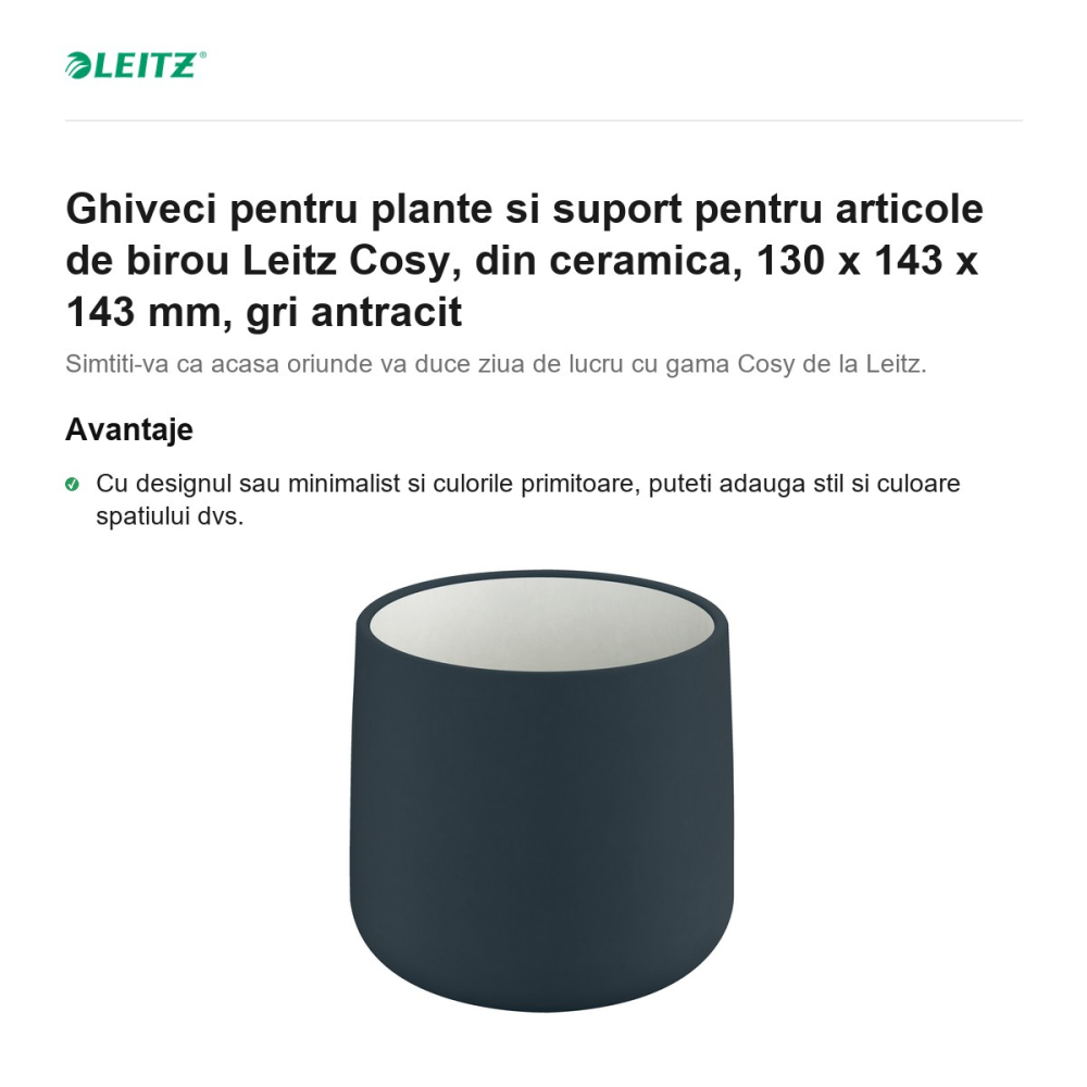 Ghiveci pentru plante si suport pentru articole de birou Leitz Cosy, din ceramica, 130 x 143 x 143 mm, gri antracit [2]