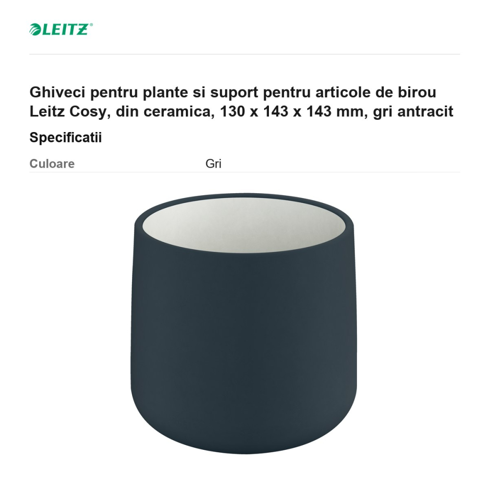 Ghiveci pentru plante si suport pentru articole de birou Leitz Cosy, din ceramica, 130 x 143 x 143 mm, gri antracit [3]