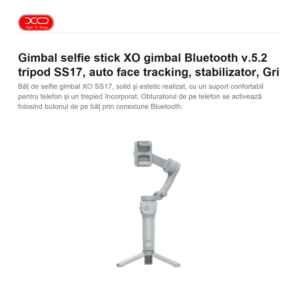 Gimbal selfie stick XO gimbal Bluetooth v.5.2 tripod SS17, auto face tracking, stabilizator, Gri [2]