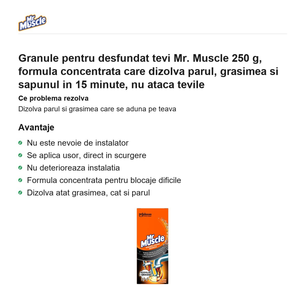 Granule pentru desfundat tevi Mr. Muscle 250 g, formula concentrata care dizolva parul, grasimea si sapunul in 15 minute, nu ataca tevile [2]