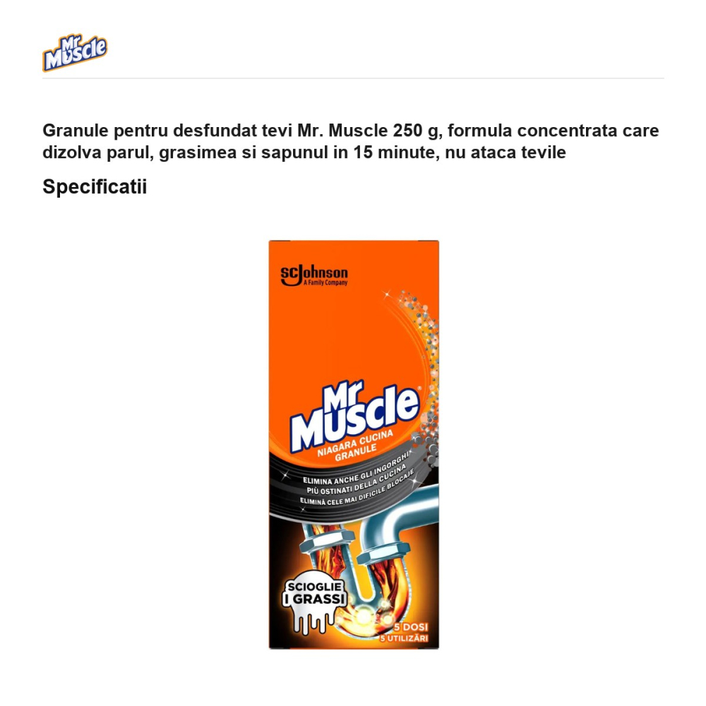 Granule pentru desfundat tevi Mr. Muscle 250 g, formula concentrata care dizolva parul, grasimea si sapunul in 15 minute, nu ataca tevile [3]