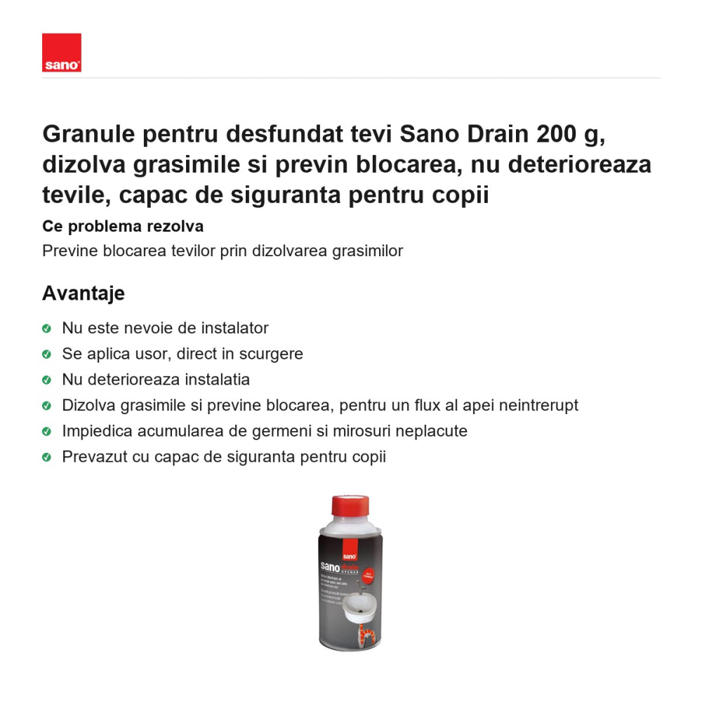 Granule pentru desfundat tevi Sano Drain 200 g, dizolva grasimile si previn blocarea, nu deterioreaza tevile, capac de siguranta pentru copii [2]