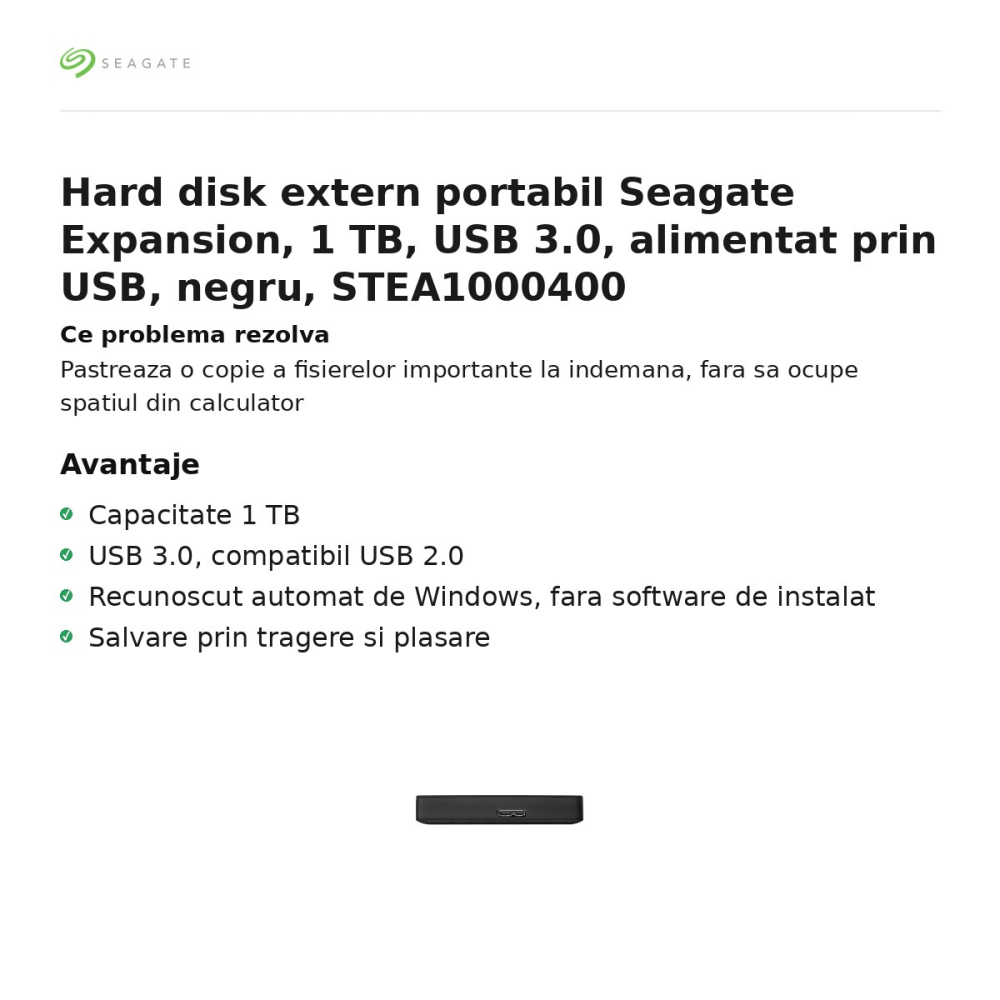 Hard disk extern portabil Seagate Expansion, 1 TB, USB 3.0, alimentat prin USB, negru, STEA1000400 [2]