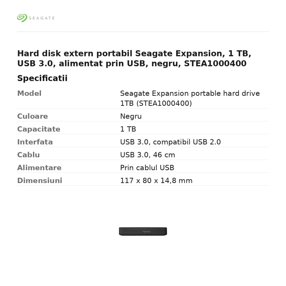 Hard disk extern portabil Seagate Expansion, 1 TB, USB 3.0, alimentat prin USB, negru, STEA1000400 [3]