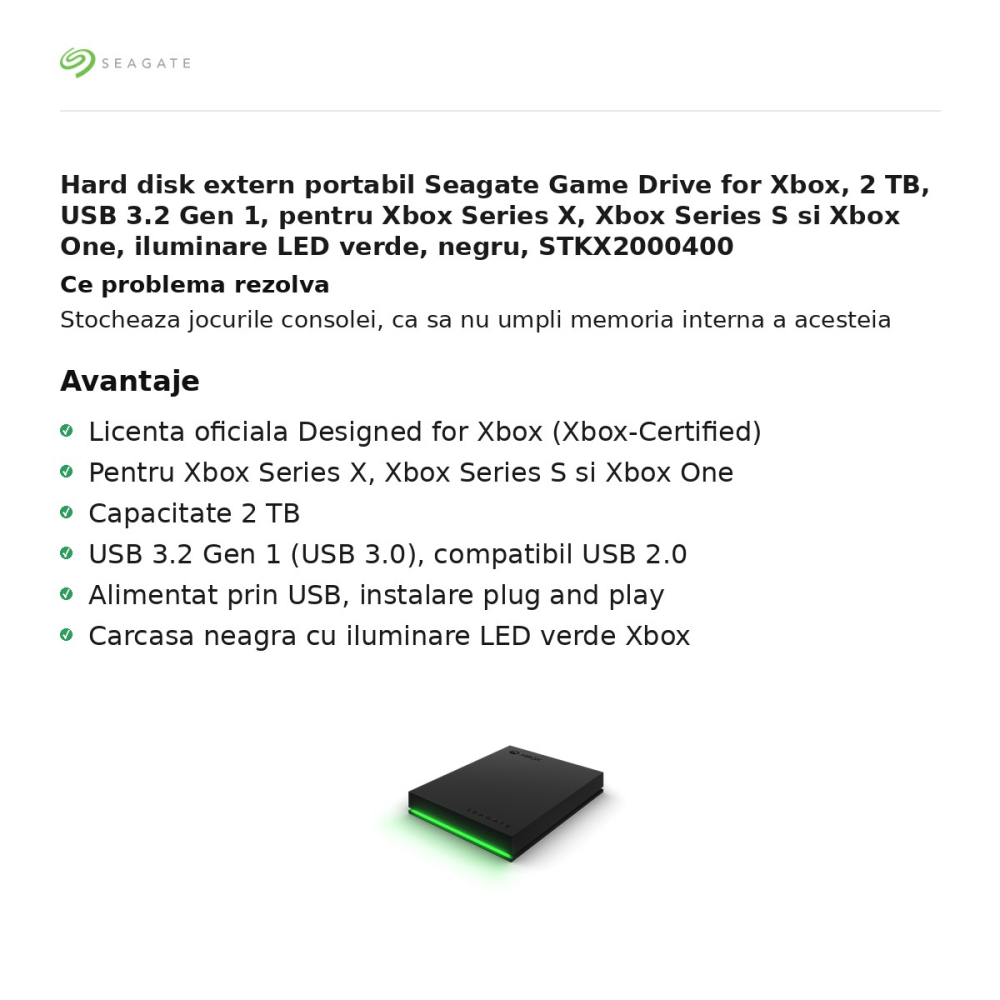 Hard disk extern portabil Seagate Game Drive for Xbox, 2 TB, USB 3.2 Gen 1, pentru Xbox Series X, Xbox Series S si Xbox One, iluminare LED verde, negru, STKX2000400 [2]