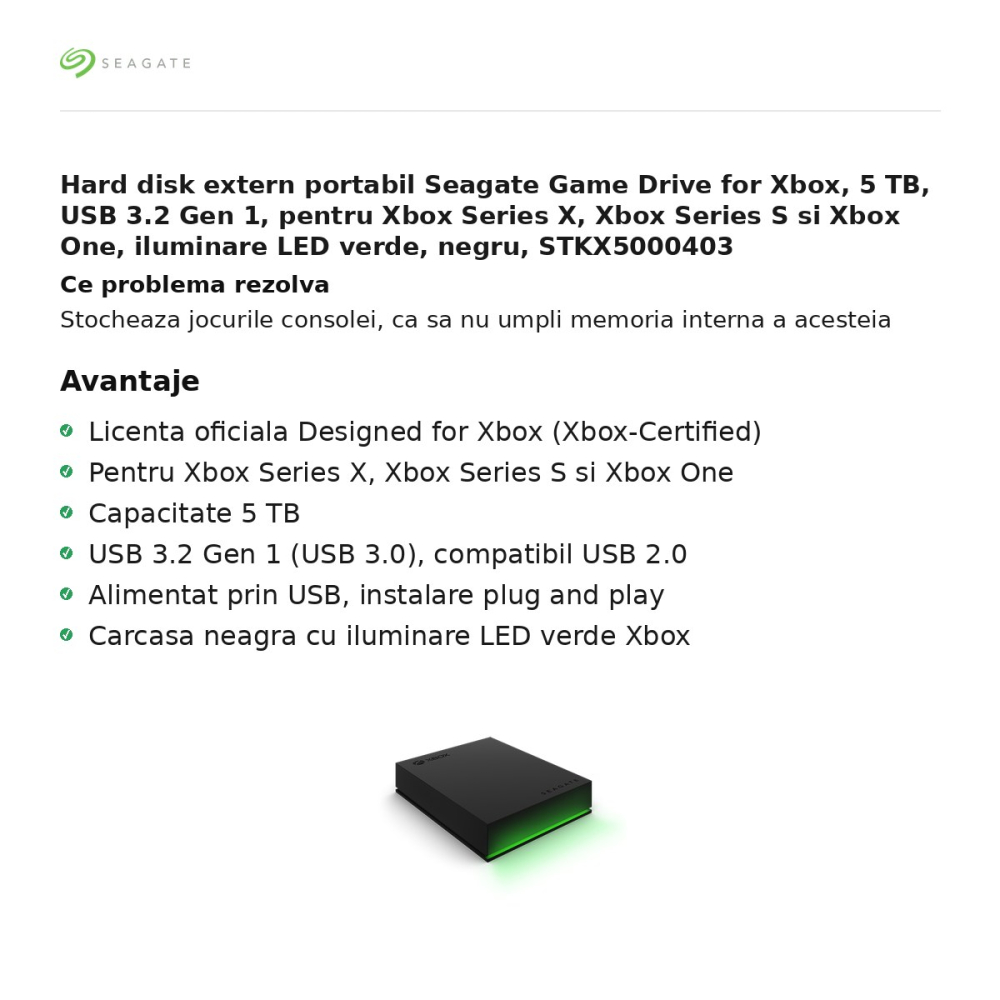 Hard disk extern portabil Seagate Game Drive for Xbox, 5 TB, USB 3.2 Gen 1, pentru Xbox Series X, Xbox Series S si Xbox One, iluminare LED verde, negru, STKX5000403 [2]