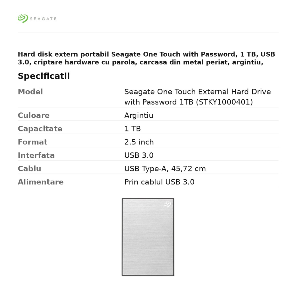 Hard disk extern portabil Seagate One Touch with Password, 1 TB, USB 3.0, criptare hardware cu parola, carcasa din metal periat, argintiu, STKY1000401 [3]