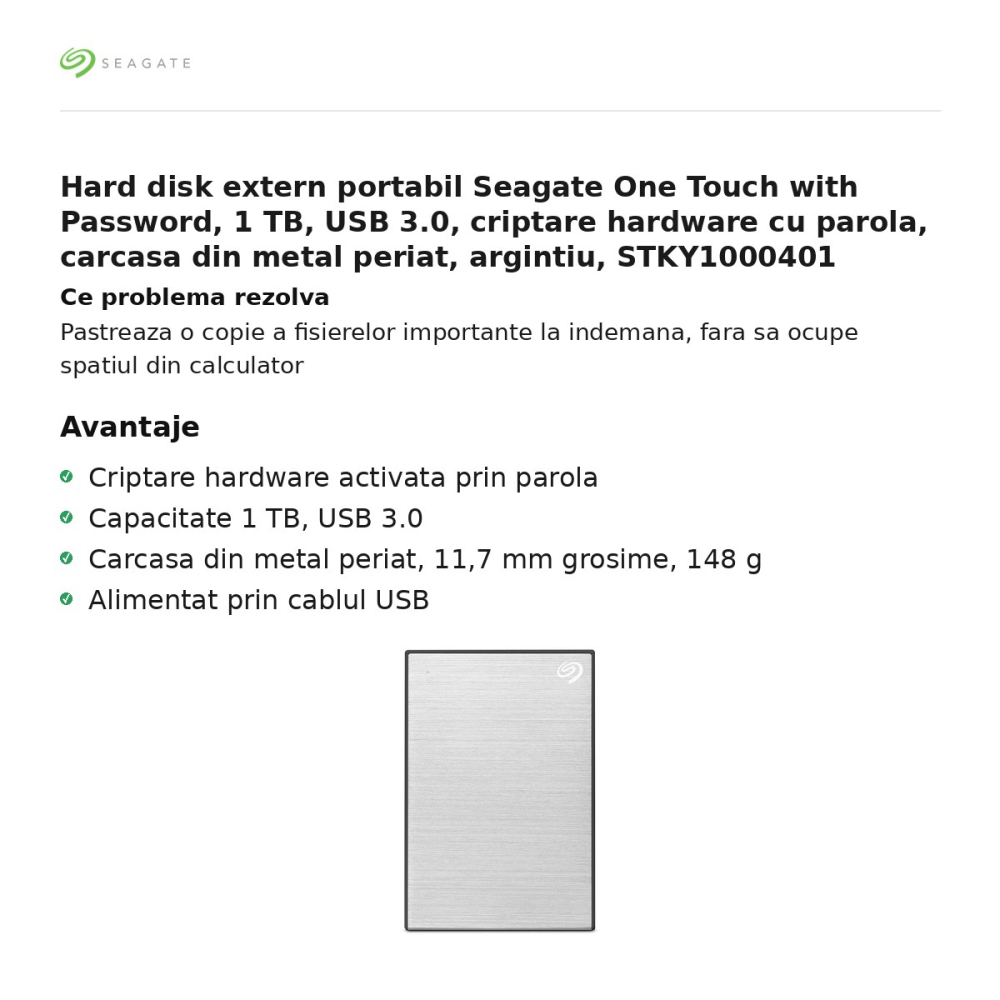 Hard disk extern portabil Seagate One Touch with Password, 1 TB, USB 3.0, criptare hardware cu parola, carcasa din metal periat, argintiu, STKY1000401 [2]