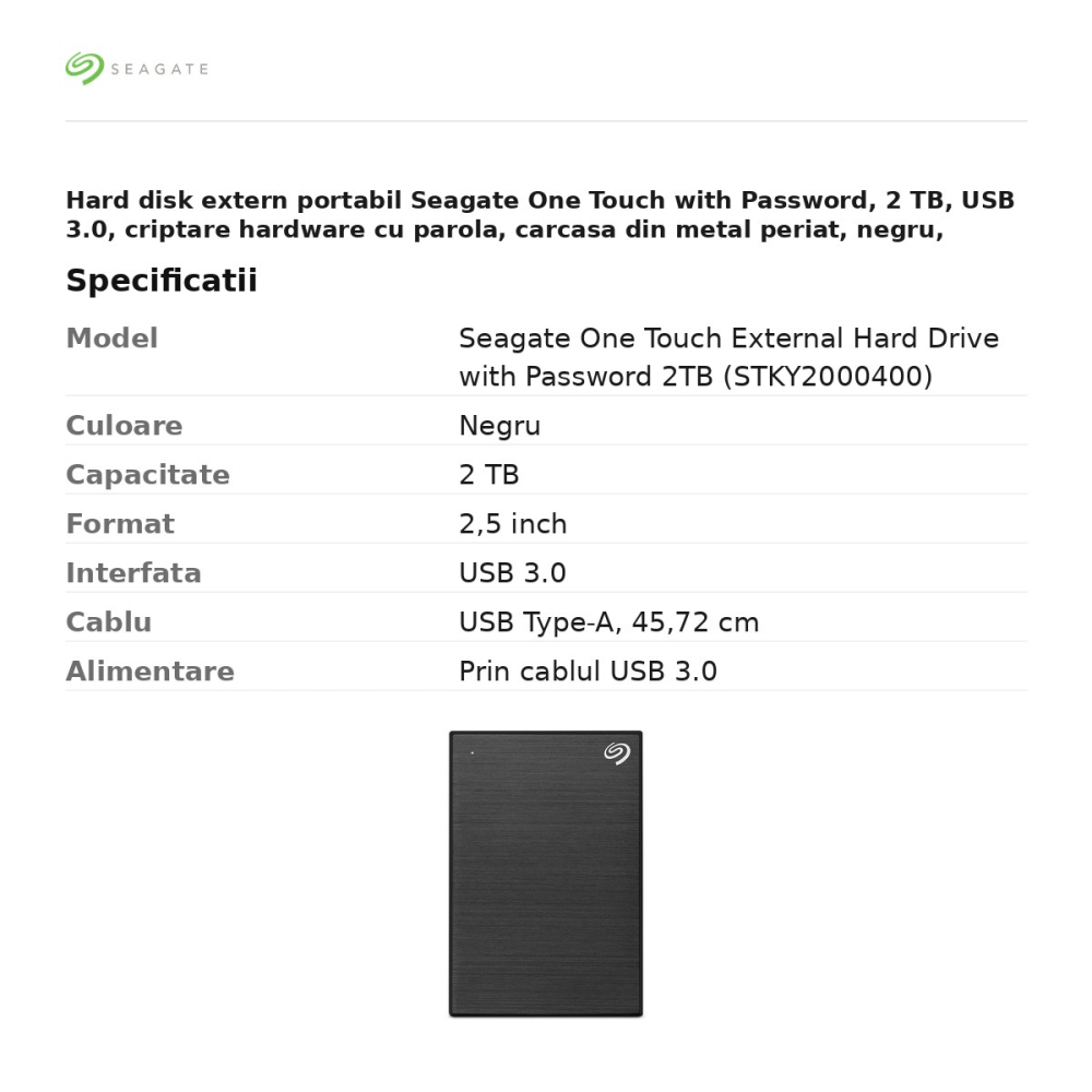 Hard disk extern portabil Seagate One Touch with Password, 2 TB, USB 3.0, criptare hardware cu parola, carcasa din metal periat, negru, STKY2000400 [3]