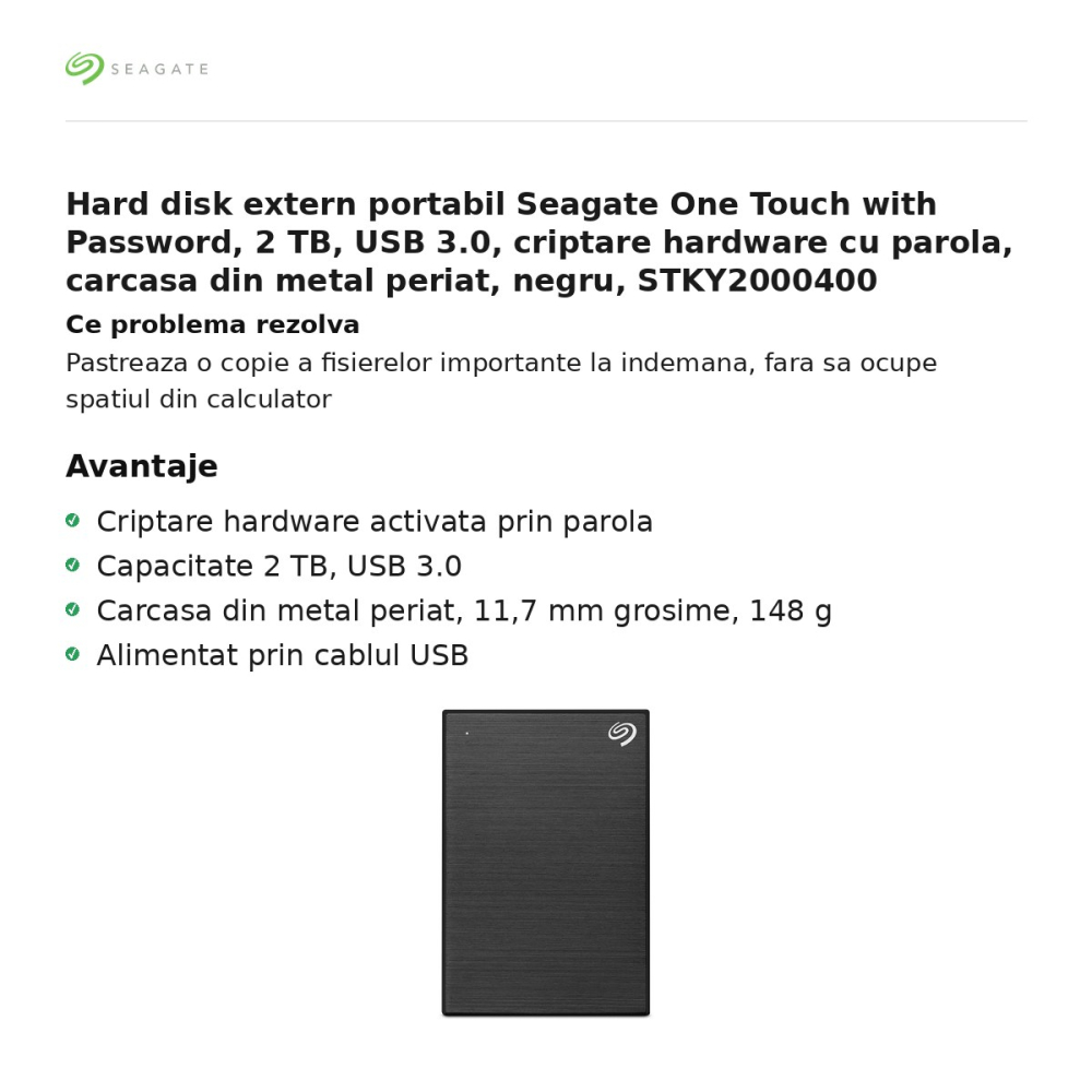 Hard disk extern portabil Seagate One Touch with Password, 2 TB, USB 3.0, criptare hardware cu parola, carcasa din metal periat, negru, STKY2000400 [2]