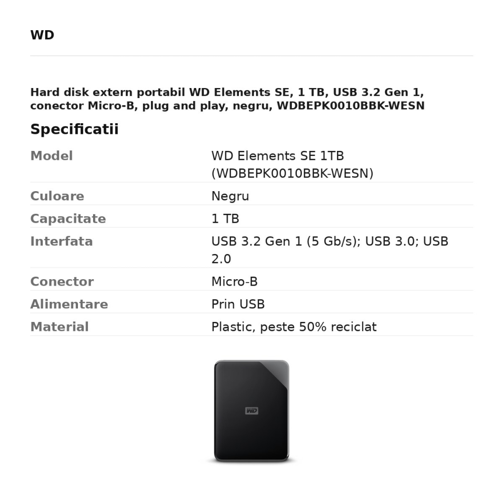 Hard disk extern portabil WD Elements SE, 1 TB, USB 3.2 Gen 1, conector Micro-B, plug and play, negru, WDBEPK0010BBK-WESN [3]