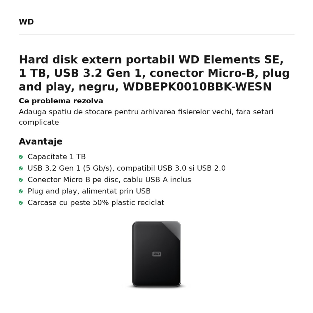 Hard disk extern portabil WD Elements SE, 1 TB, USB 3.2 Gen 1, conector Micro-B, plug and play, negru, WDBEPK0010BBK-WESN [2]