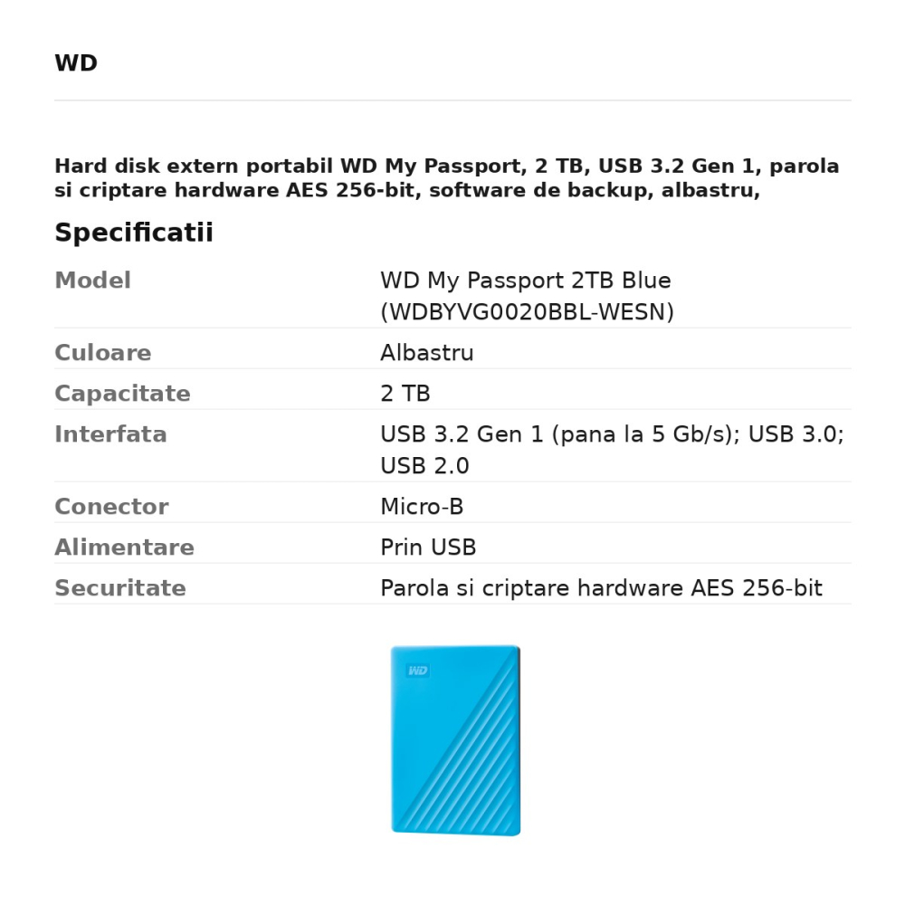 Hard disk extern portabil WD My Passport, 2 TB, USB 3.2 Gen 1, parola si criptare hardware AES 256-bit, software de backup, albastru, WDBYVG0020BBL-WESN [3]