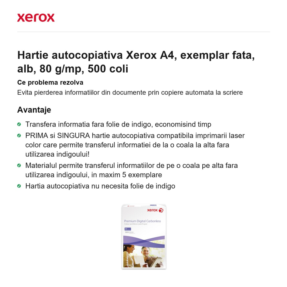 Hartie autocopiativa Xerox A4, exemplar fata, alb, 80 g/mp, 500 coli [2]