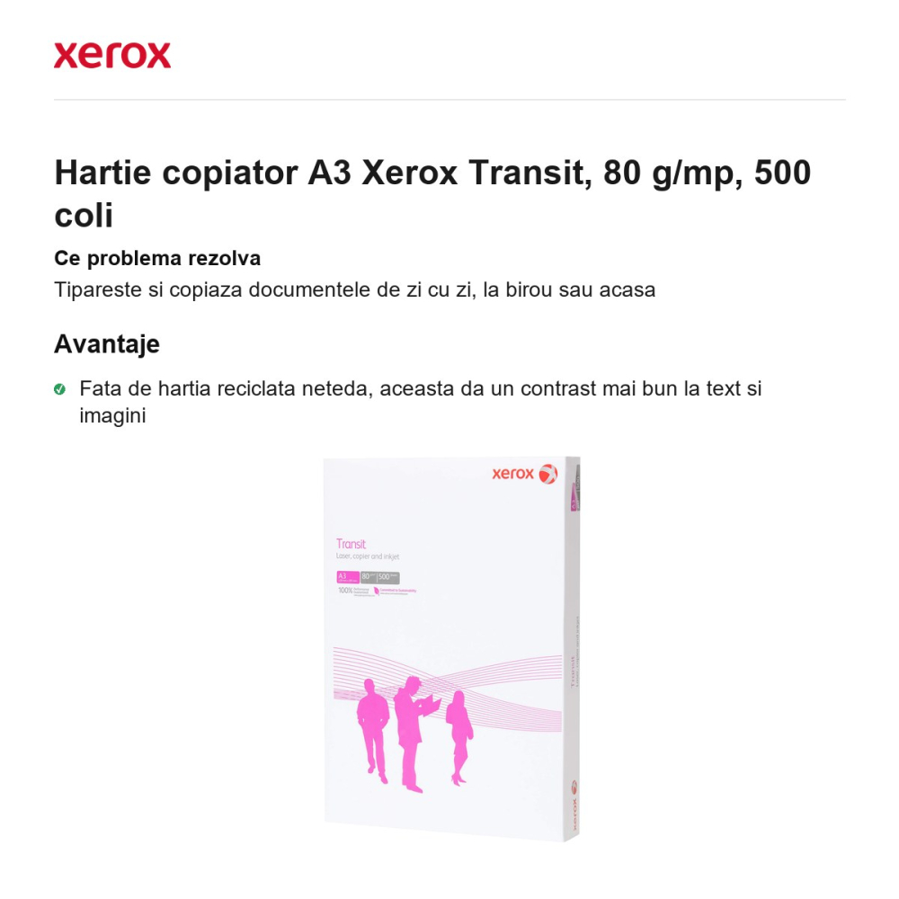 Hartie copiator A3 Xerox Transit, 80 g/mp, 500 coli [2]