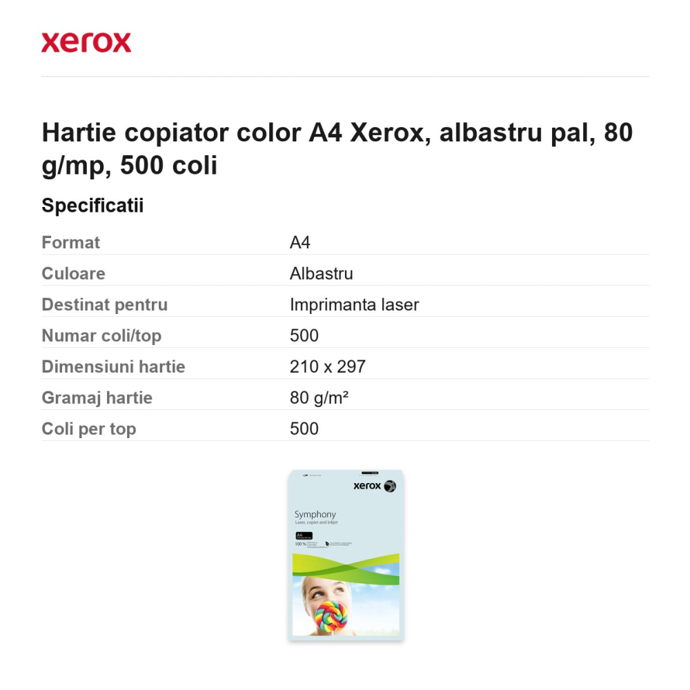 Hartie copiator color A4 Xerox, albastru pal, 80 g/mp, 500 coli [3]