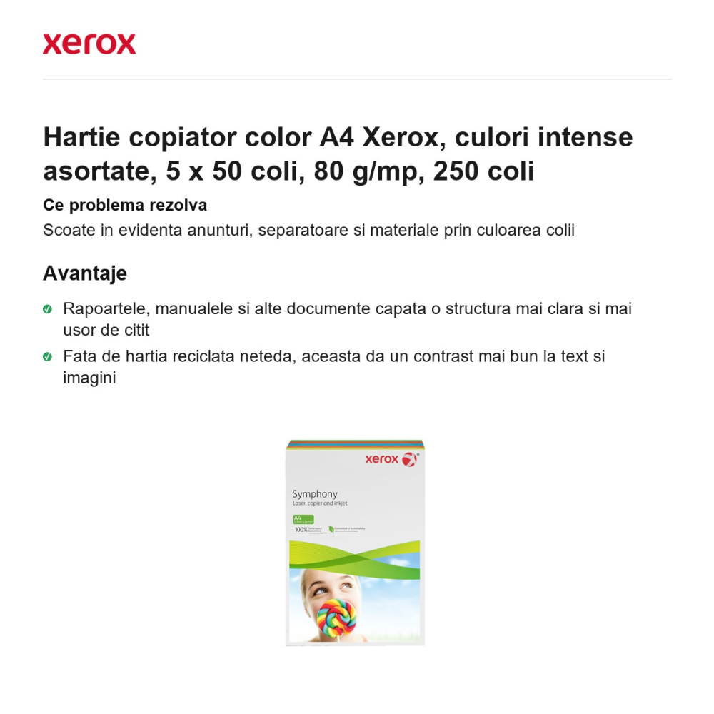 Hartie copiator color A4 Xerox, culori intense asortate, 5 x 50 coli, 80 g/mp, 250 coli [2]
