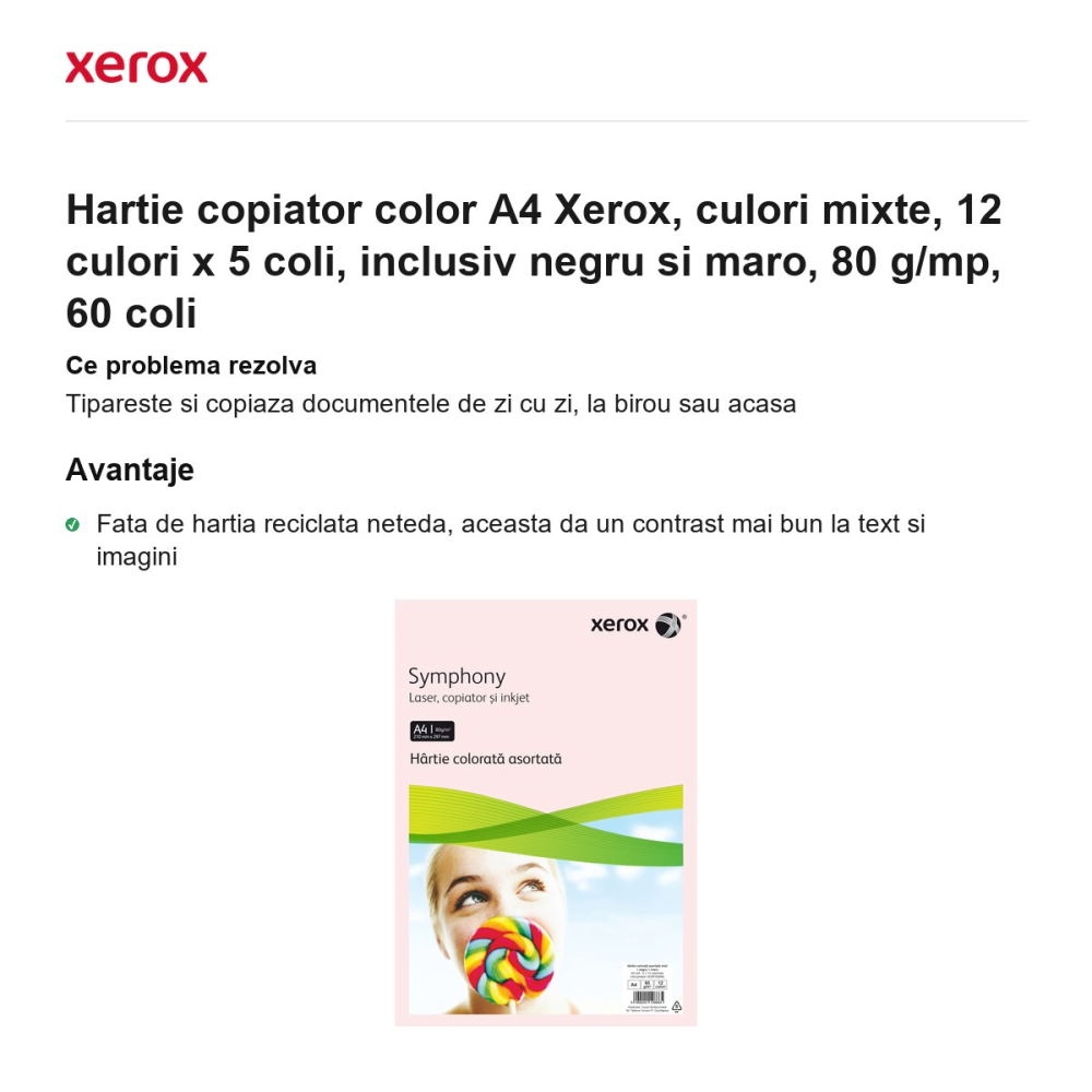 Hartie copiator color A4 Xerox, culori mixte, 12 culori x 5 coli, inclusiv negru si maro, 80 g/mp, 60 coli [2]