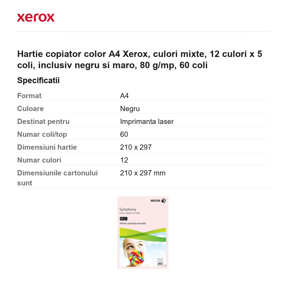 Hartie copiator color A4 Xerox, culori mixte, 12 culori x 5 coli, inclusiv negru si maro, 80 g/mp, 60 coli [3]