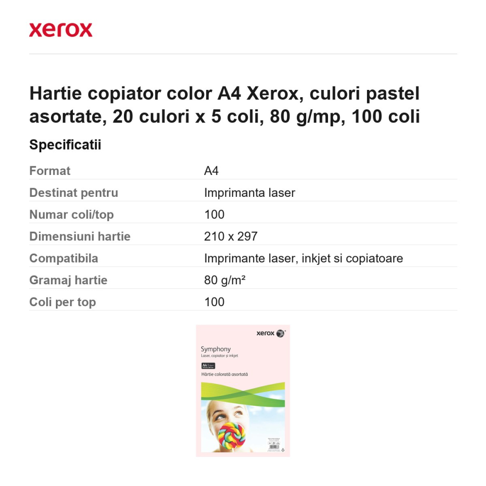 Hartie copiator color A4 Xerox, culori pastel asortate, 20 culori x 5 coli, 80 g/mp, 100 coli [3]