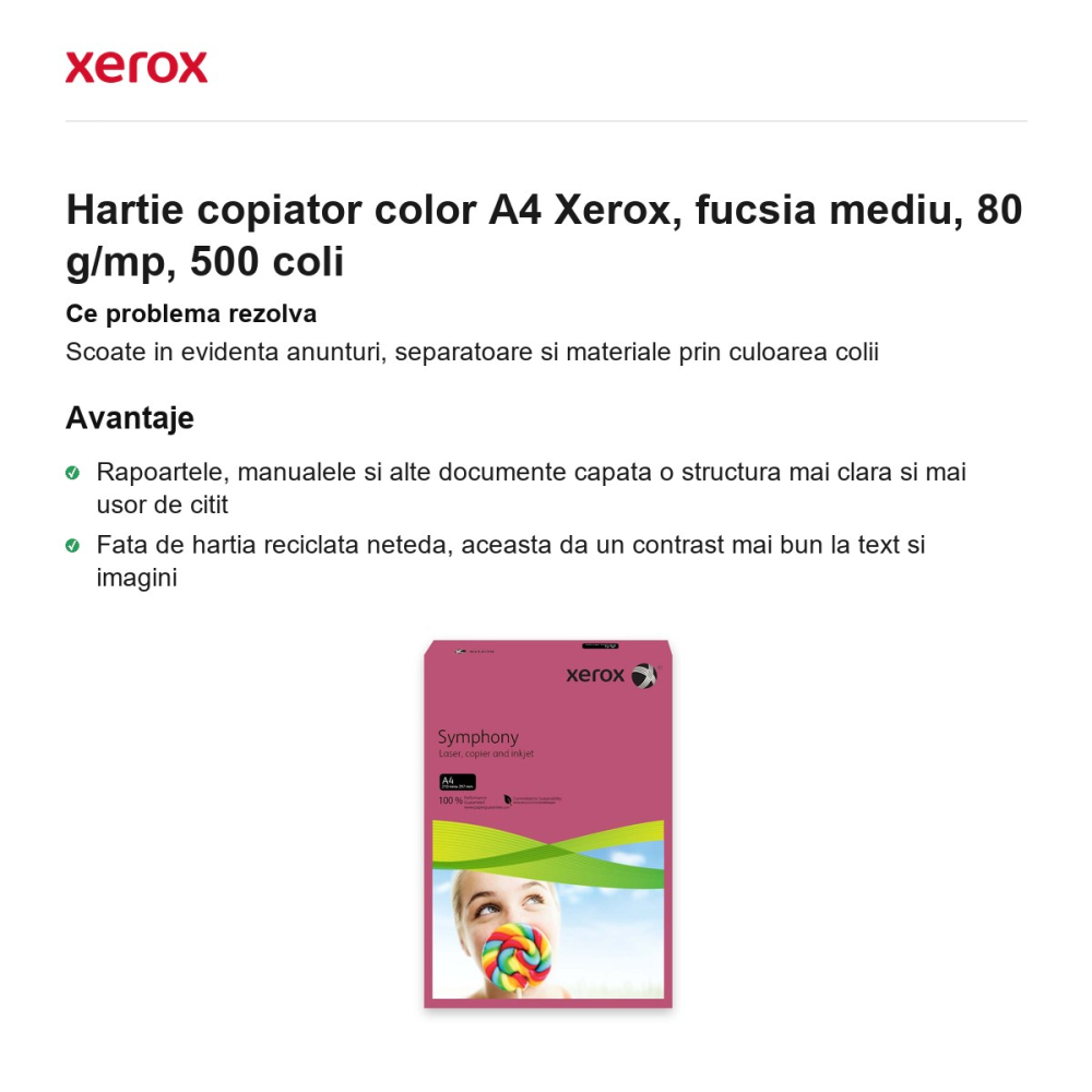 Hartie copiator color A4 Xerox, fucsia mediu, 80 g/mp, 500 coli [2]
