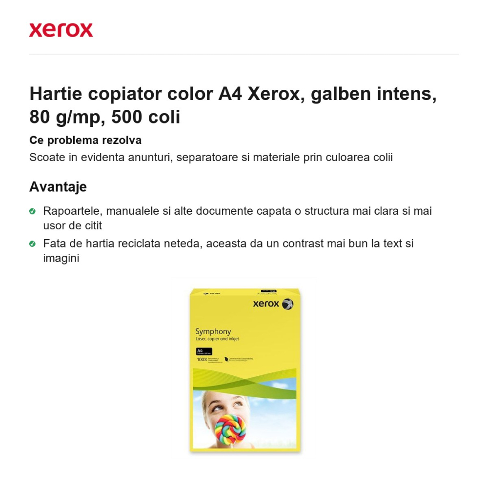 Hartie copiator color A4 Xerox, galben intens, 80 g/mp, 500 coli [2]