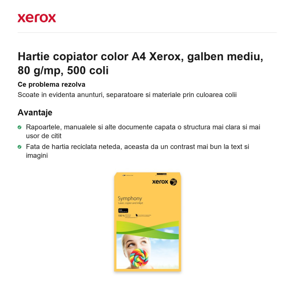 Hartie copiator color A4 Xerox, galben mediu, 80 g/mp, 500 coli [2]