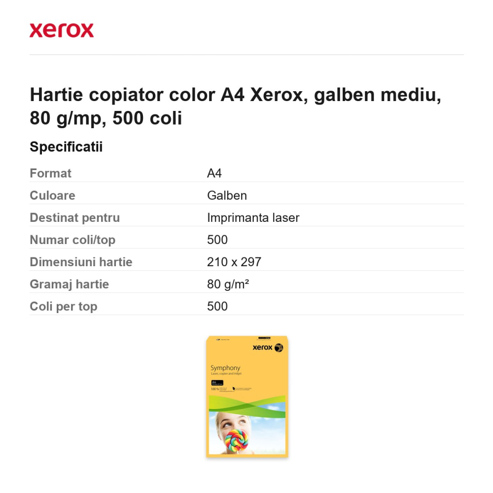 Hartie copiator color A4 Xerox, galben mediu, 80 g/mp, 500 coli [3]