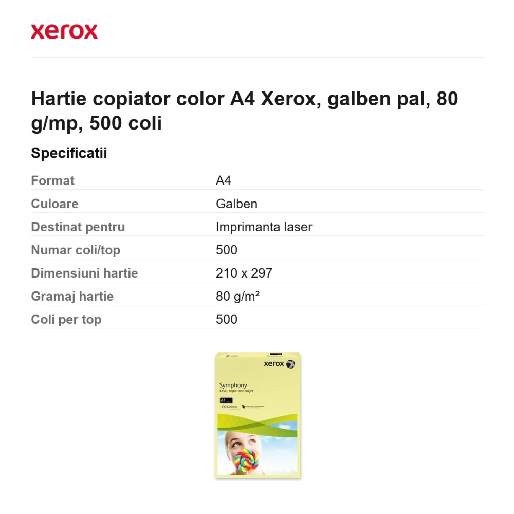 Hartie copiator color A4 Xerox, galben pal, 80 g/mp, 500 coli [3]