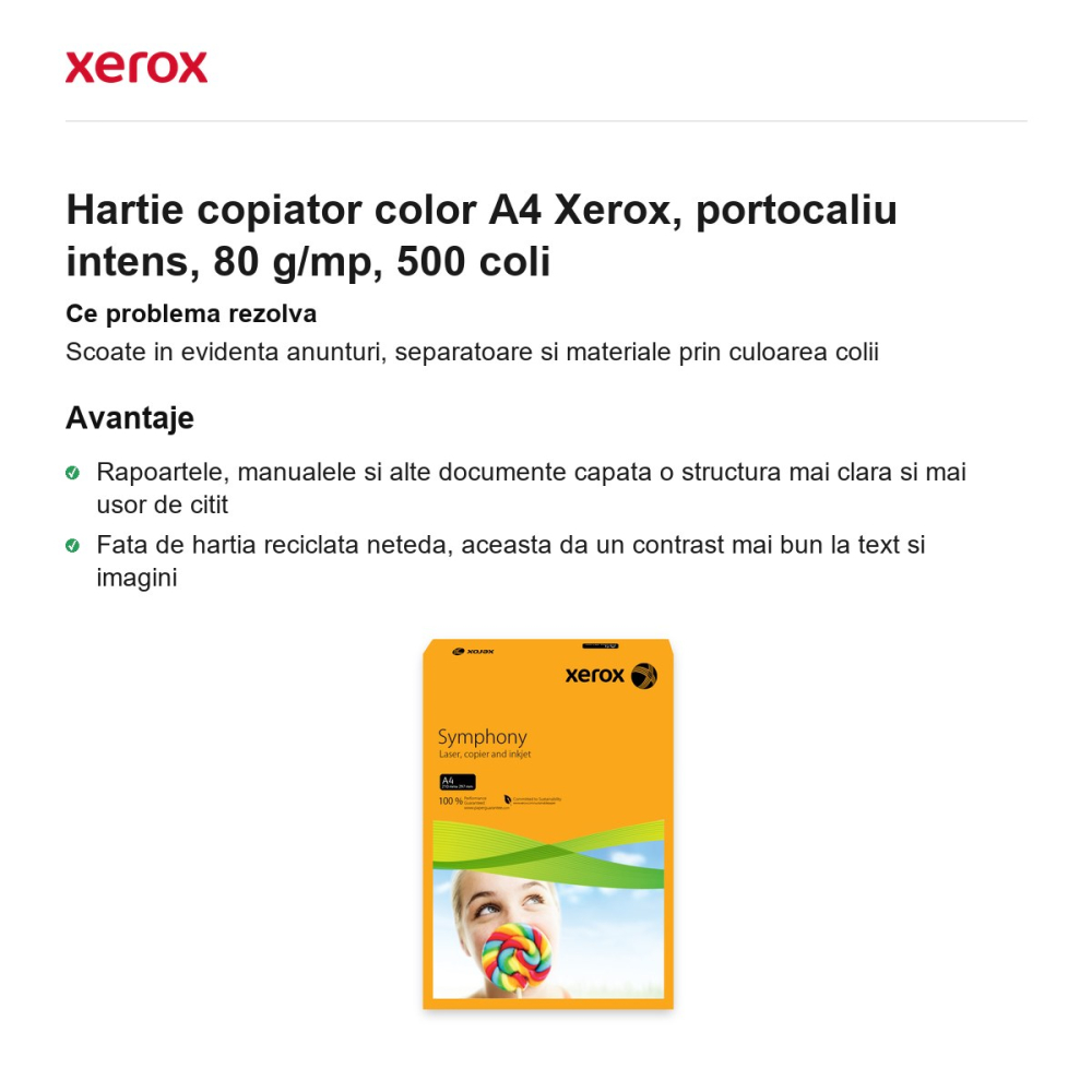Hartie copiator color A4 Xerox, portocaliu intens, 80 g/mp, 500 coli [2]