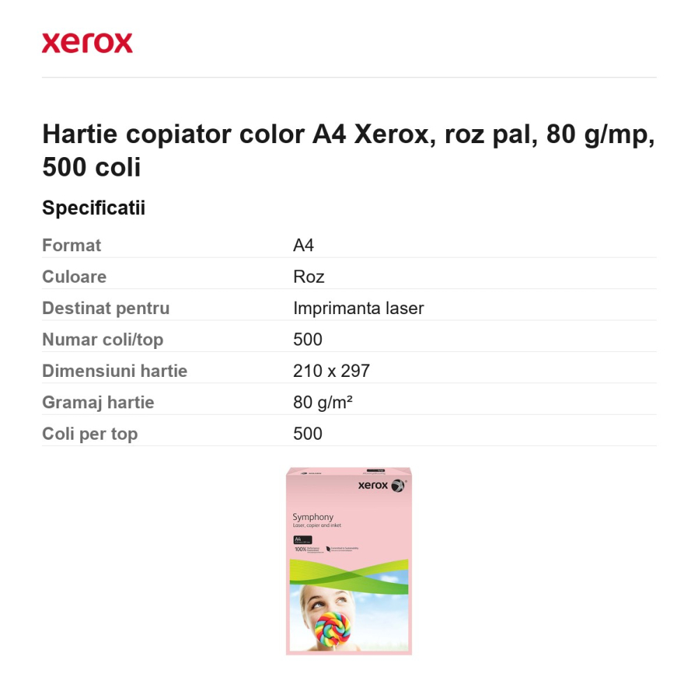 Hartie copiator color A4 Xerox, roz pal, 80 g/mp, 500 coli [3]