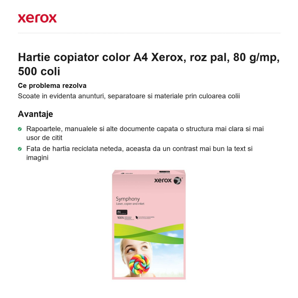 Hartie copiator color A4 Xerox, roz pal, 80 g/mp, 500 coli [2]