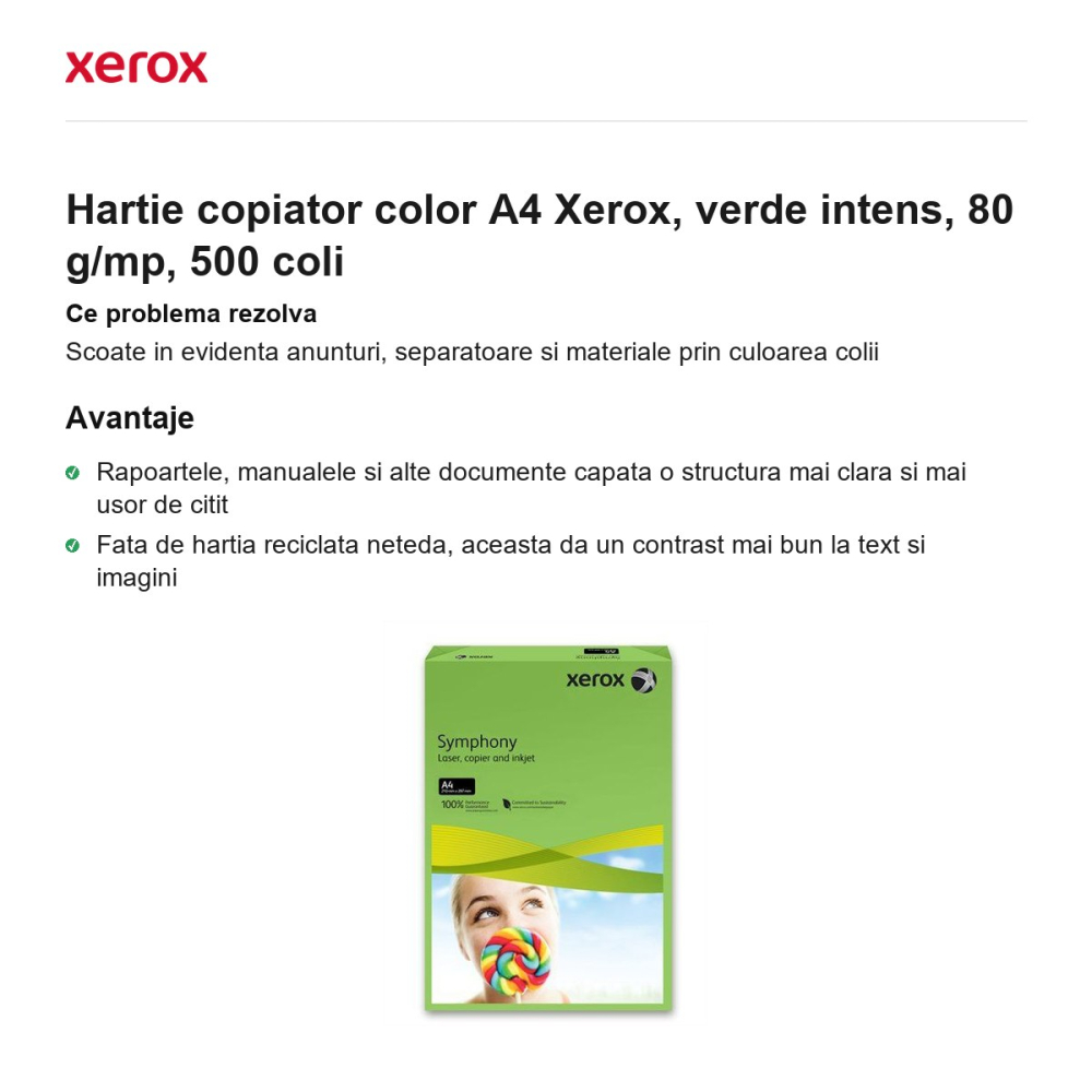 Hartie copiator color A4 Xerox, verde intens, 80 g/mp, 500 coli [2]
