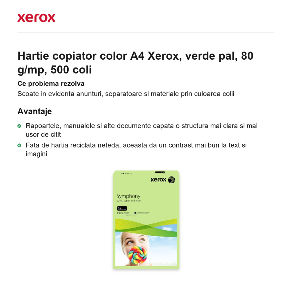 Hartie copiator color A4 Xerox, verde pal, 80 g/mp, 500 coli [2]