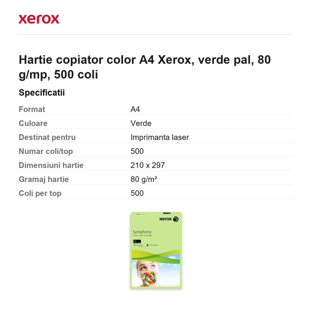 Hartie copiator color A4 Xerox, verde pal, 80 g/mp, 500 coli [3]