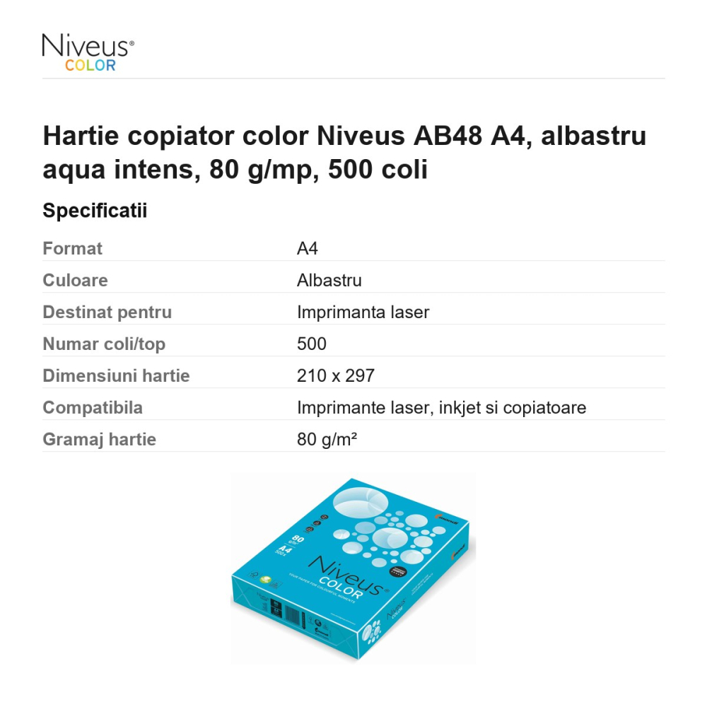 Hartie copiator color Niveus AB48 A4, albastru aqua intens, 80 g/mp, 500 coli [3]