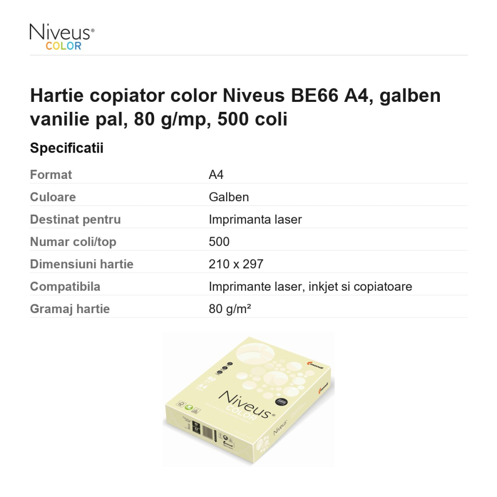 Hartie copiator color Niveus BE66 A4, galben vanilie pal, 80 g/mp, 500 coli [3]