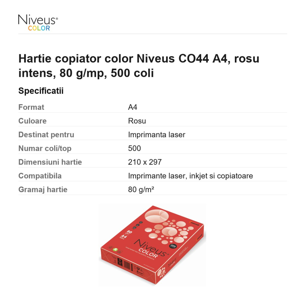 Hartie copiator color Niveus CO44 A4, rosu intens, 80 g/mp, 500 coli [3]