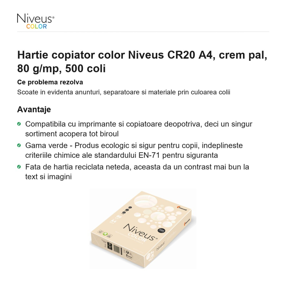 Hartie copiator color Niveus CR20 A4, crem pal, 80 g/mp, 500 coli [2]