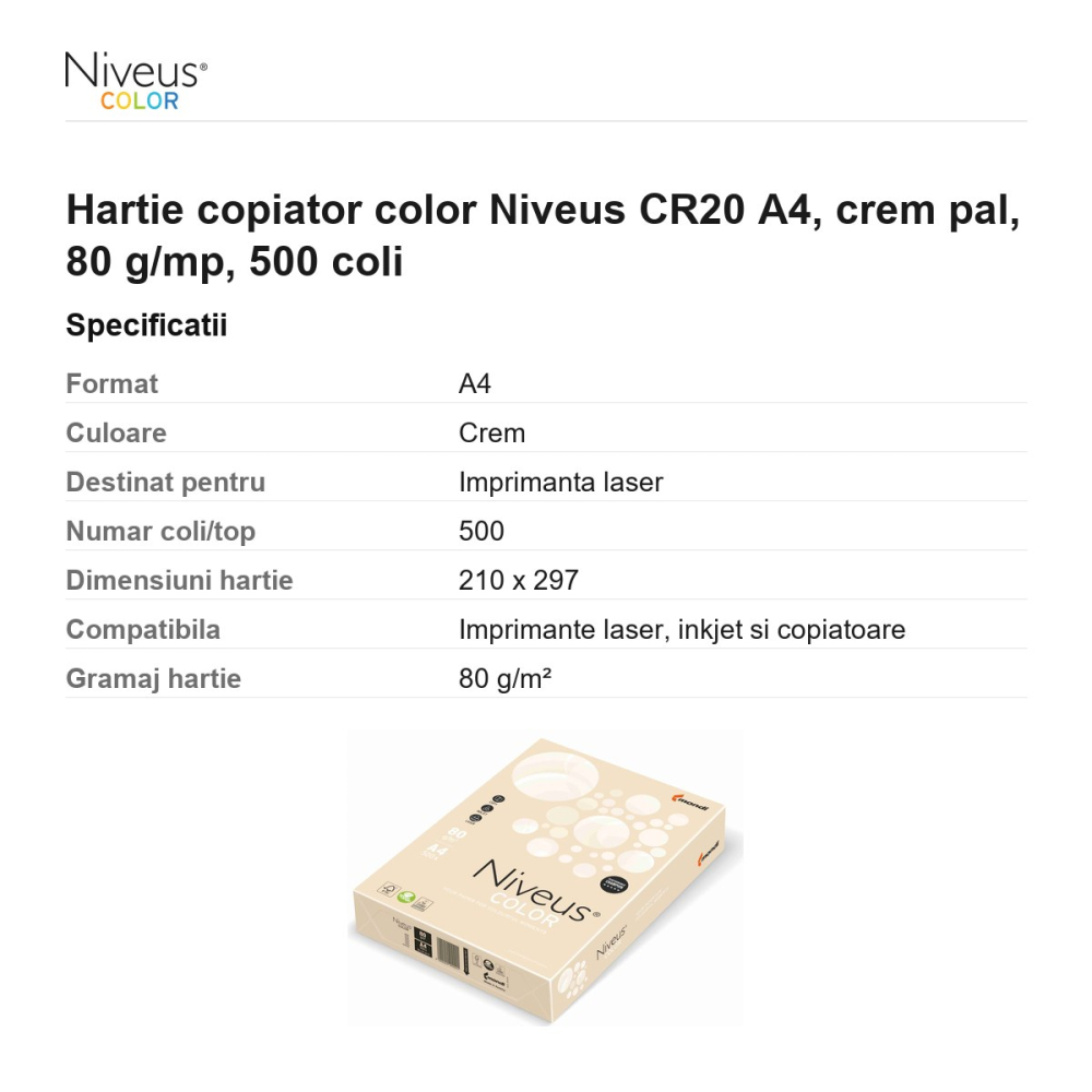 Hartie copiator color Niveus CR20 A4, crem pal, 80 g/mp, 500 coli [3]